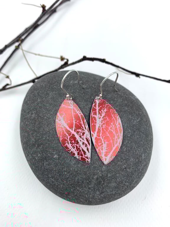 Red aluminium winter tree earrings.