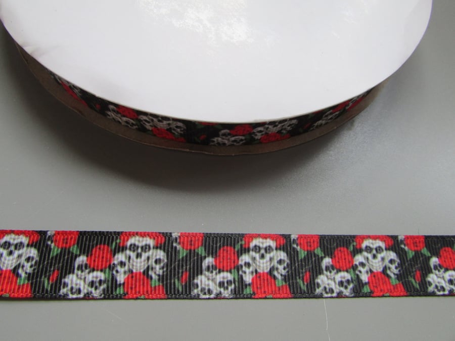Skulls and Roses Grosgrain Ribbon 1.6cm x 1 Metre