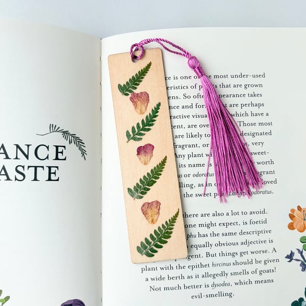 Pressed Flower Wooden Bookmark, Rose Petals and Ferns 