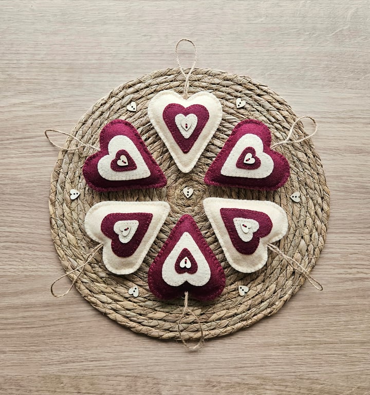 Set of Six Cranberry and Cream Felt Hearts