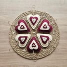 Set of Six Cranberry and Cream Felt Hearts