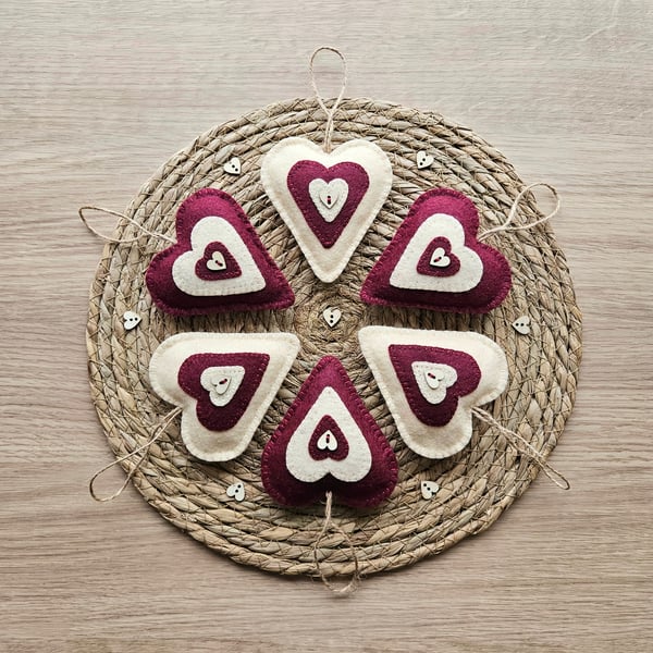 Set of Six Cranberry and Cream Felt Hearts