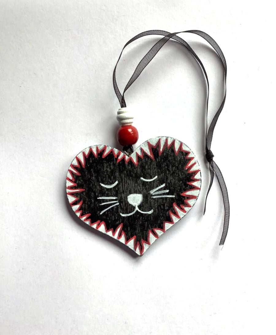 Cat nap wooden hand painted heart