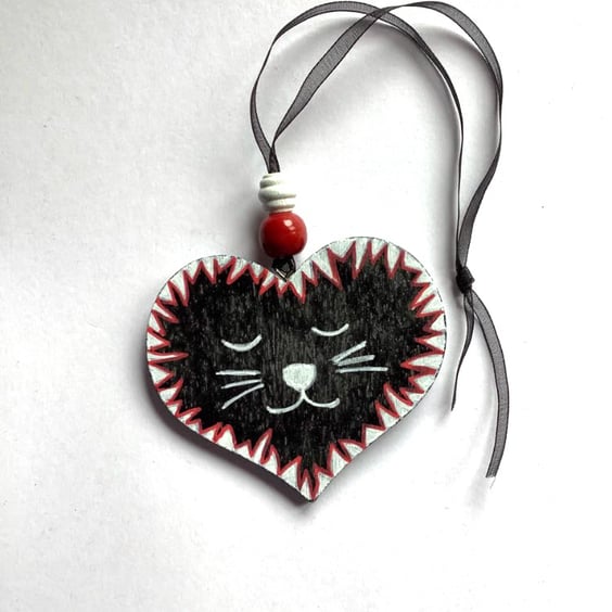 Cat nap wooden hand painted heart