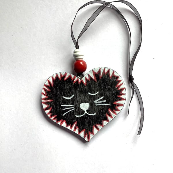 Cat nap wooden hand painted heart