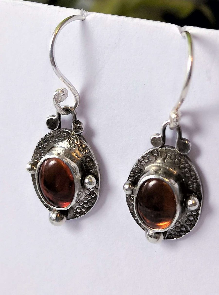 Short drop earrings with amber  - celtic design in recycled sterling silver