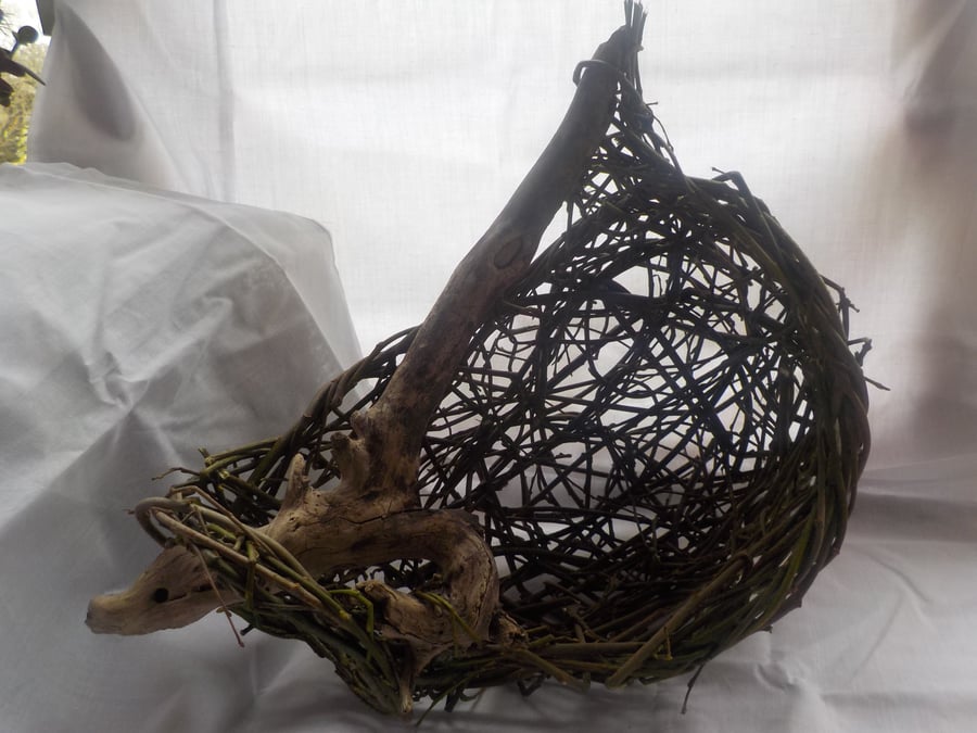 Unique Mythical Driftwood bowl, woven willow vessel, decorative functional, SALE