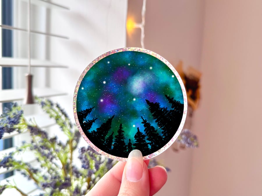 Night Sky Forest Sticker, Nature Vinyl Sticker, Galaxy Glitter Sticker.