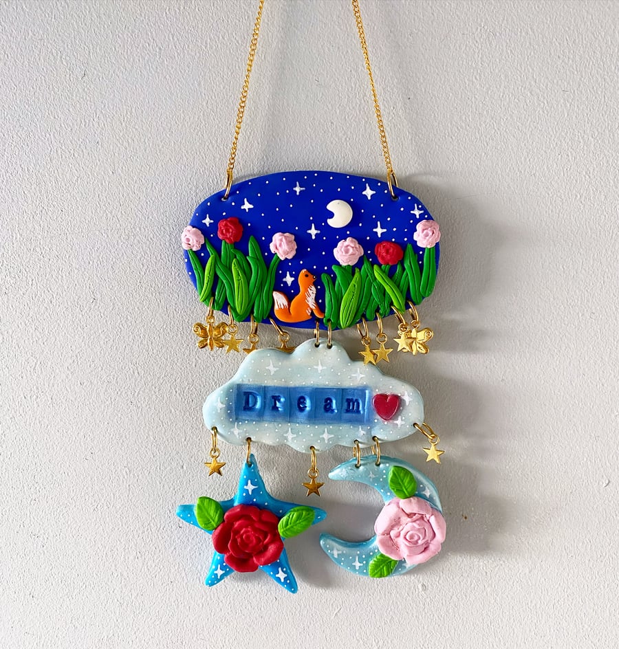 Handmade fox moon and star hanging decoration 