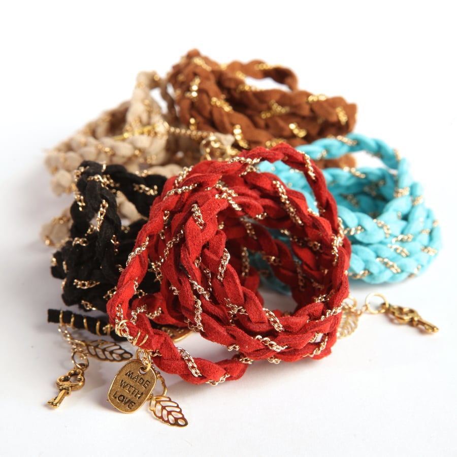 Plaited Headband Wrist Wrap & Lariat - Multi-way Tie - Faux suede & Gold chain