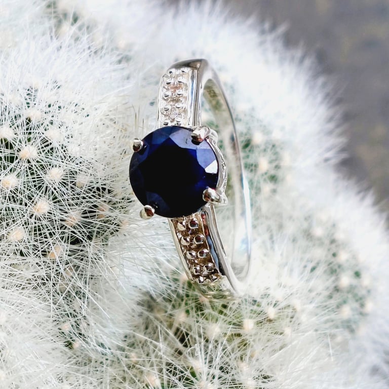 Natural Blue Sapphire Sterling Silver Ring With White Zircon Size N to O