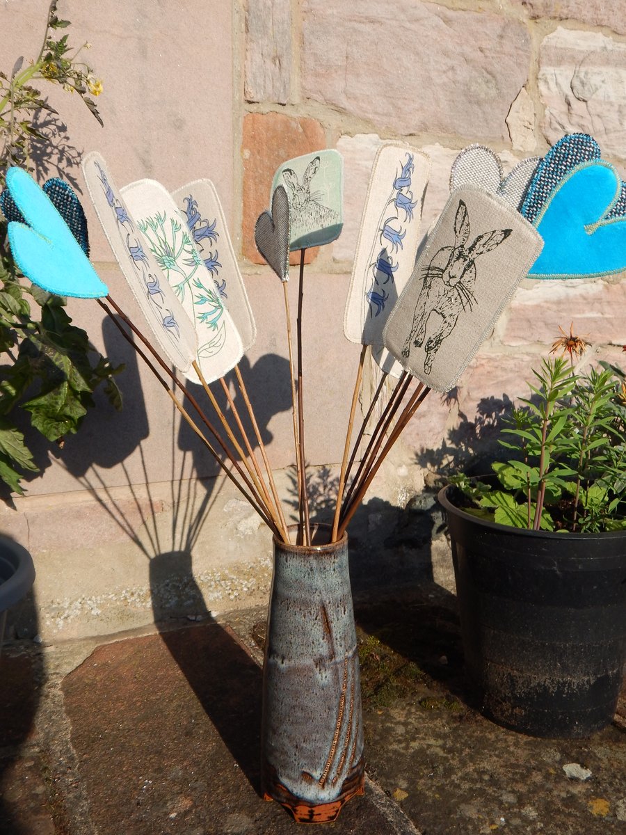 Hare, Blue Wild flowers and Blue Hearts - Fabric Bouquet