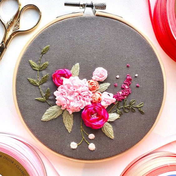 Embroidery Kit, Ribbon Flower Embroidery, 5” Embroidery Hoop Craft Kit