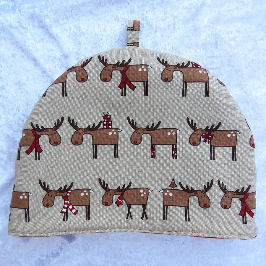 Tea Cosy.  A festive cosy with a reindeer design.  Christmas tea cosy.