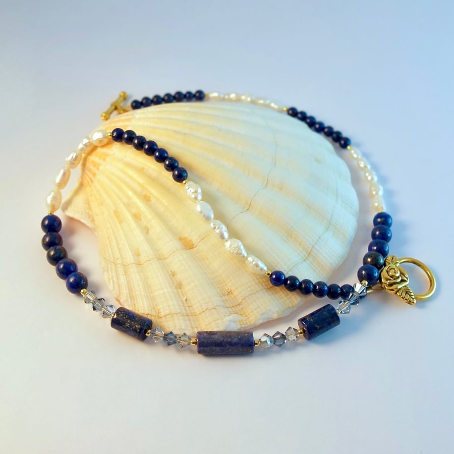 Lapis Lazuli, FW Pearl & Crystal Necklace, Birthday, Anniversary, Gifts For Her