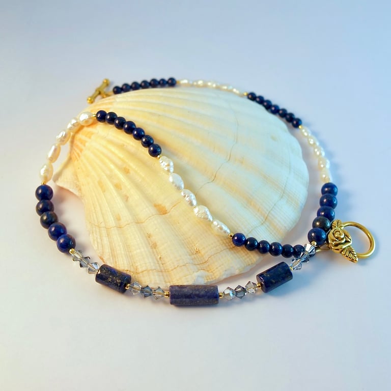 Lapis Lazuli, FW Pearl & Crystal Necklace, Birthday, Anniversary, Gifts For Her