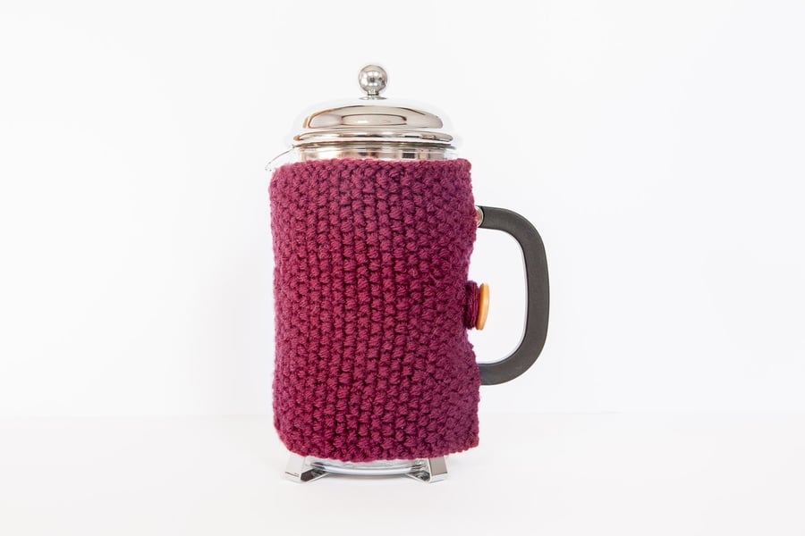 Plum knit coffee cosy - Cafetiere cosy - Coffee jug warmer - French press cover