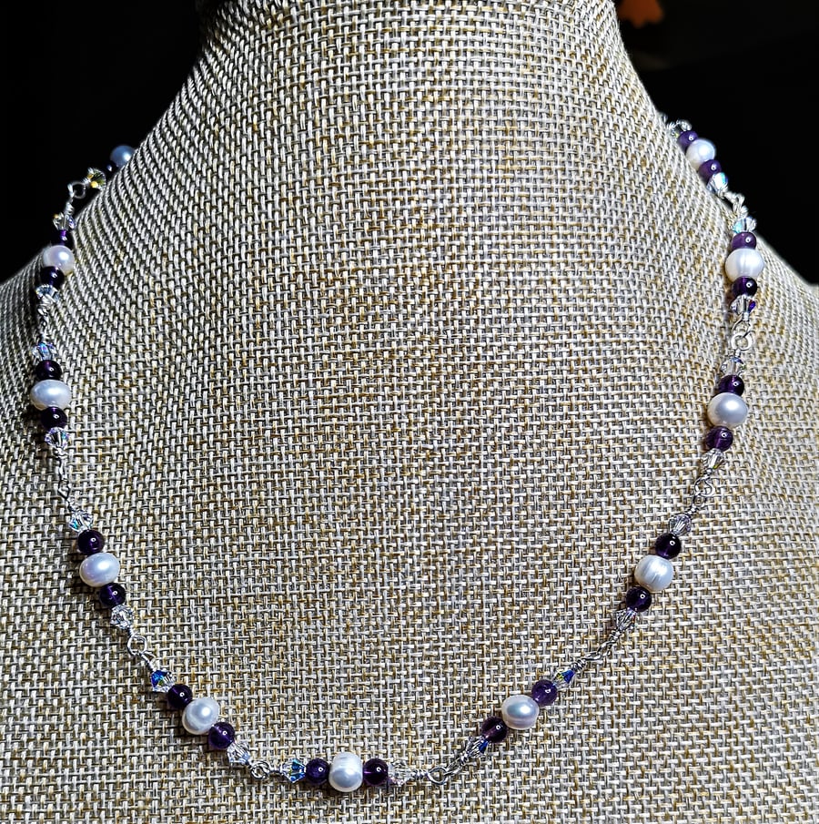 White pearl and amethyst necklace with ab crystals
