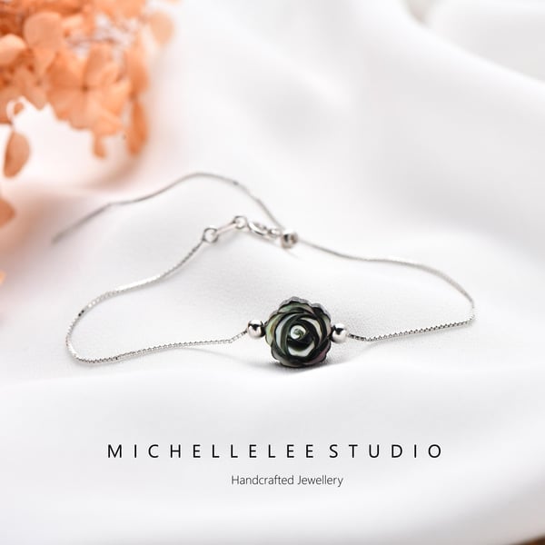 Natural Black Pearl Flower Bracelet With 925 Sterling Silver Chain