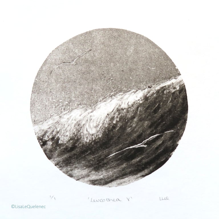 Sea, surf and gliding gulls black and white monoprint coastal beach scene