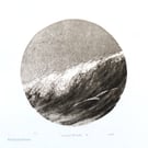 Sea, surf and gliding gulls black and white monoprint coastal beach scene