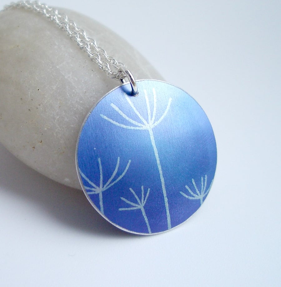 Dandelion seeds printed necklace pendant in dusky purple