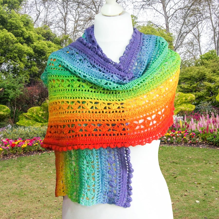 Seconds Sunday end of line. Bright rainbow 100% cotton rectangular shawl,