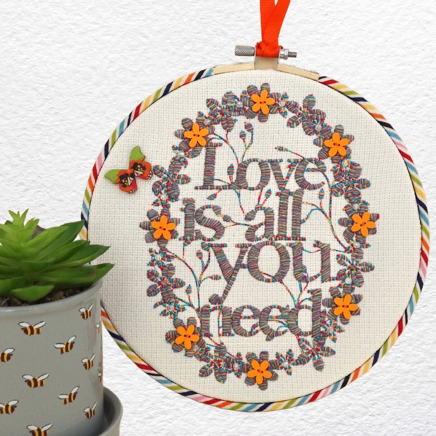 Love Is: Embroidery Hooped Decoration 20cm (8”) ready to hang