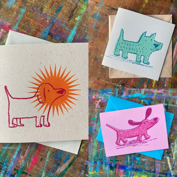 3 quirky screen printed DOG cards by Jo Brown Happy Tomato