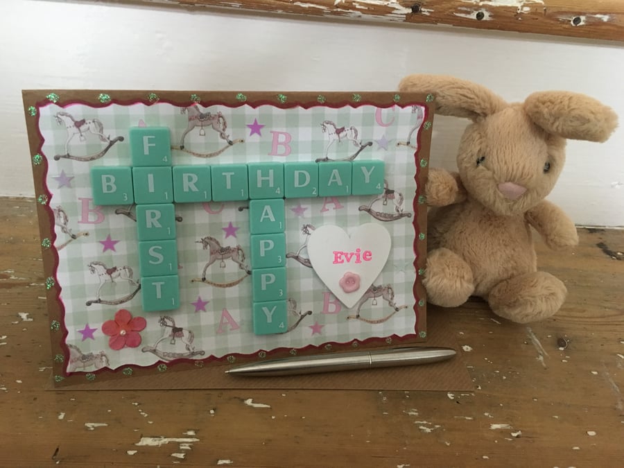 Bespoke handmade Scrabble letter first birthday cards