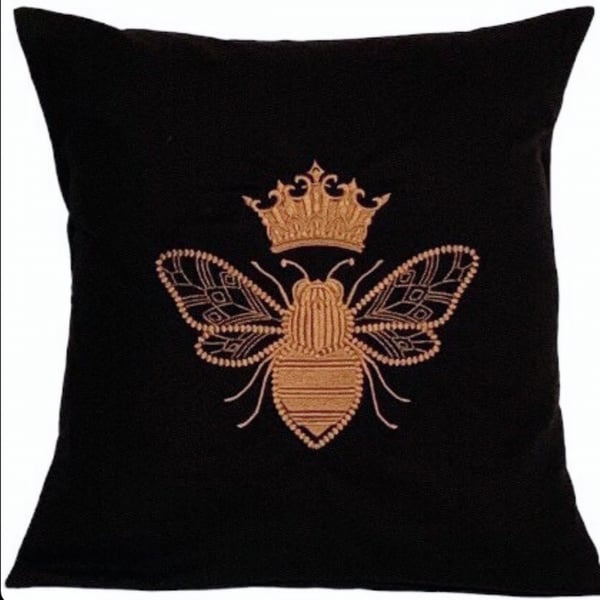Ornate Gold Queen Bee Embroidered Cushion Cover BLACK 16”x16”