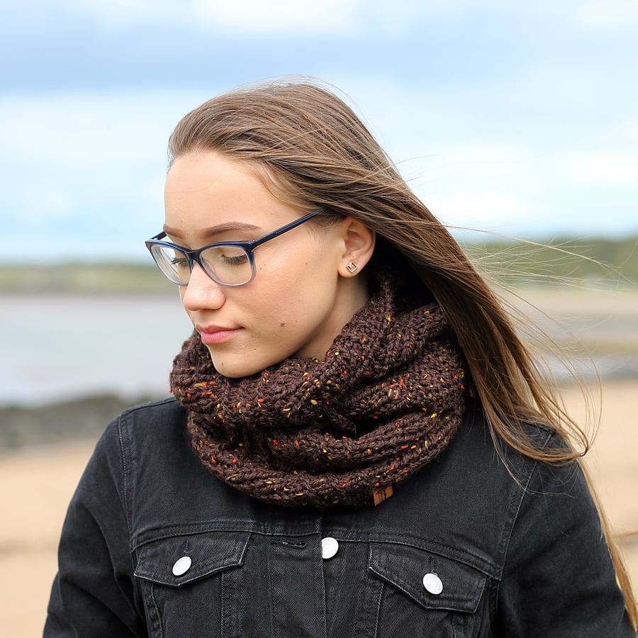 SCARF knitted infinity - chocolate brown tweed cowl, snood, women's knitwear UK,