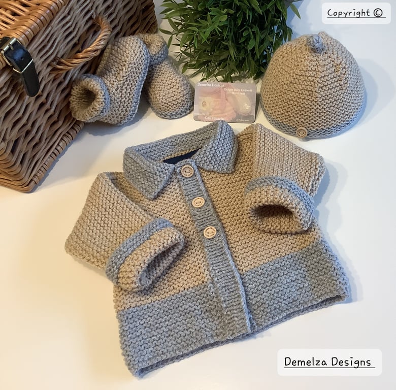 Designer Baby Boys Hand Knitted Jacket, Booties & Hat Gift Set  0-6 months size
