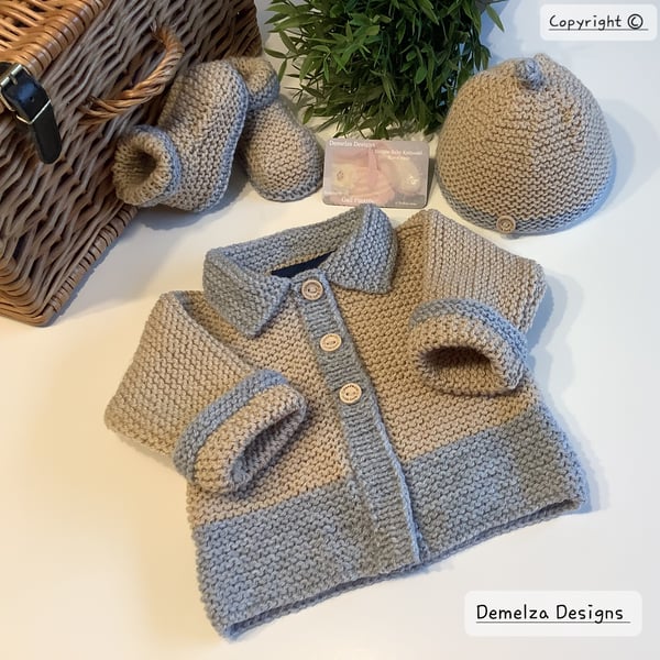 Baby Boys Long Jacket, Booties & Hat Gift Set  0-6 months size