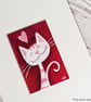 White Cat Valentine Love Hearts 2 Original Painting - Mini Artwork 55mm x 84mm - Image 2