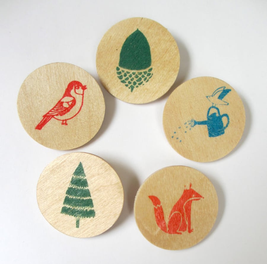 A selection of 5 hand screen printed wooden brooches