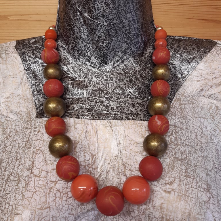 Statement polymer clay necklace in dark coral and gold