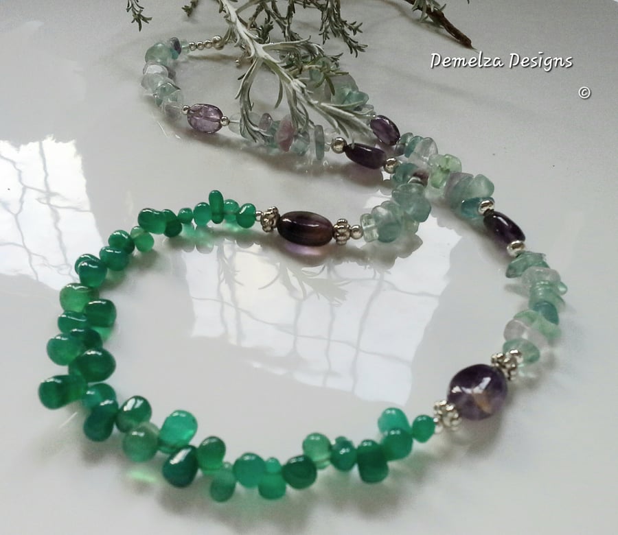 Green Onyx,  Amethyst, Fluorite Necklace Silver Plated