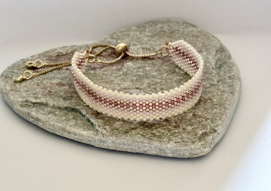 Golden Pink and Cream Beadwork Slider Bracelet