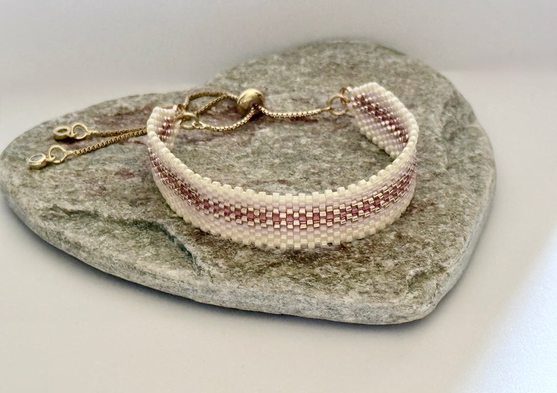 Golden Pink and Cream Beadwork Slider Bracelet