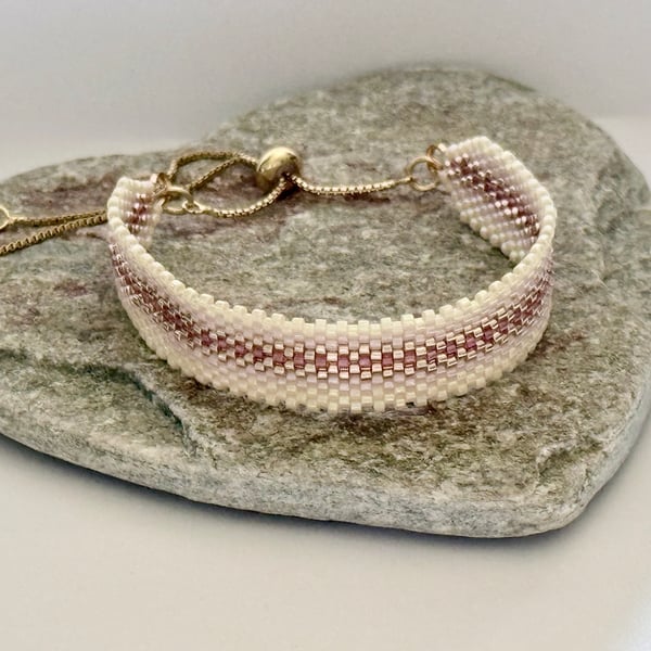 Golden Pink and Cream Beadwork Slider Bracelet