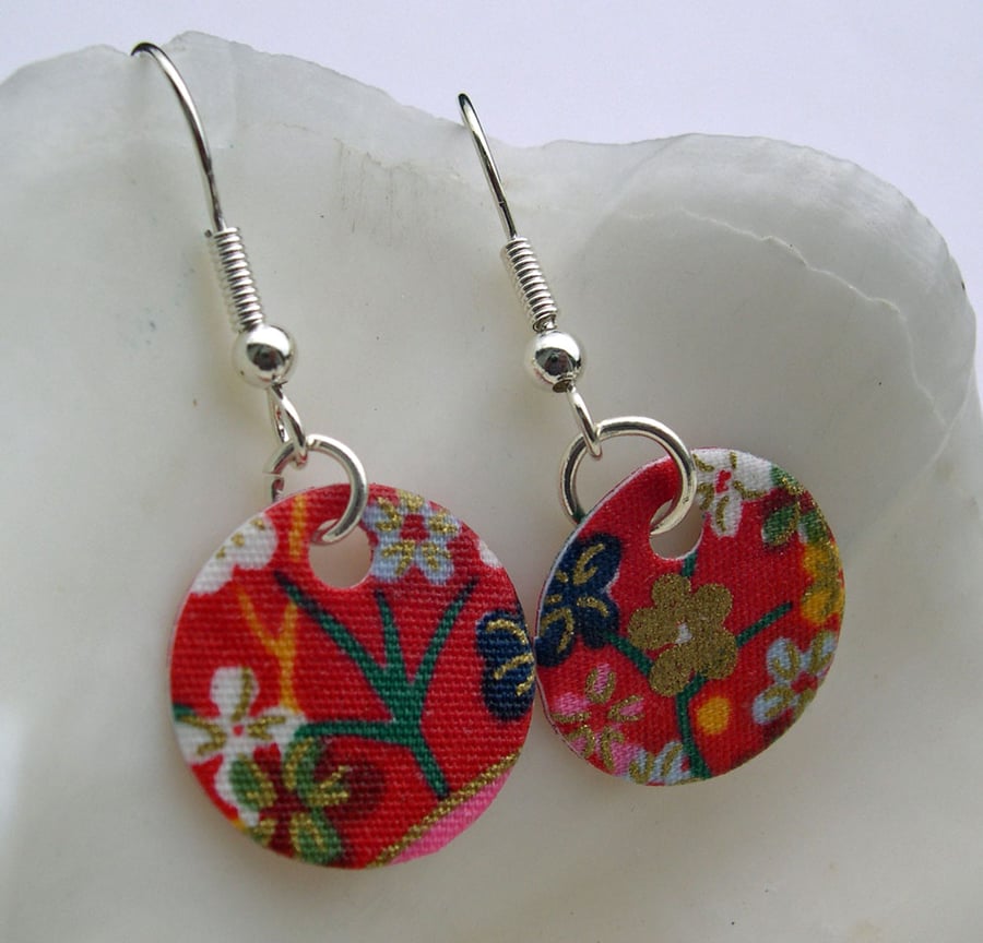 Hardened Chinese Red Floral Print Disc Earrings