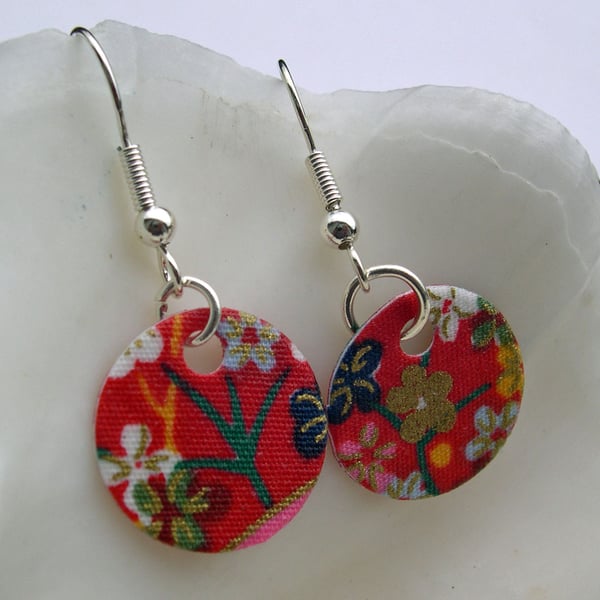 Hardened Chinese Red Floral Print Disc Earrings