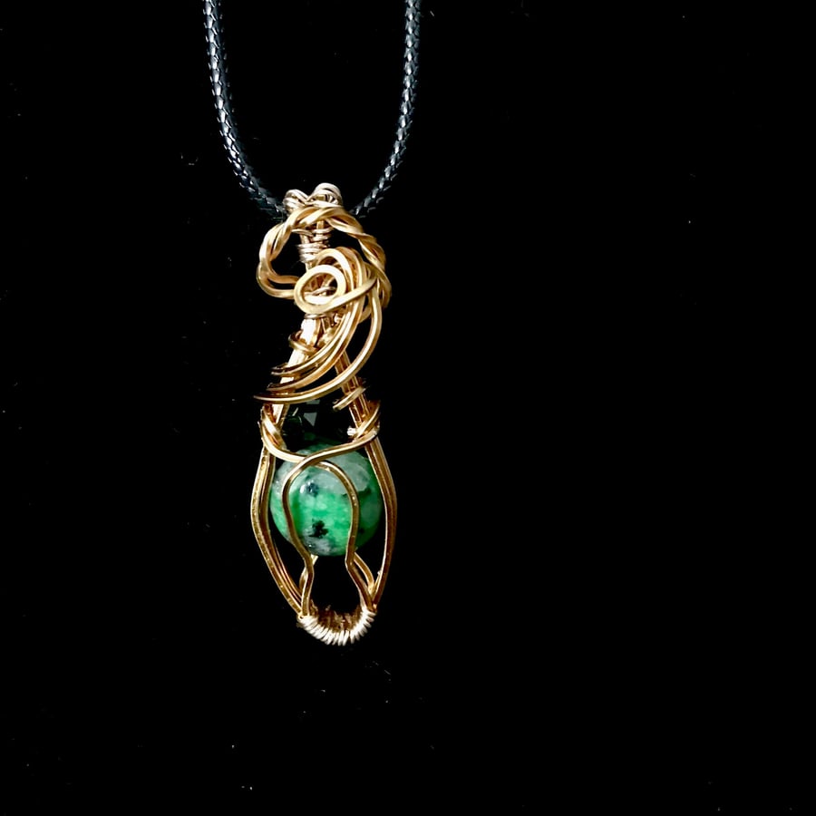 Wire-wrap Pendant 16” Featuring a Malachite Cabochon  Antique Gold Plate