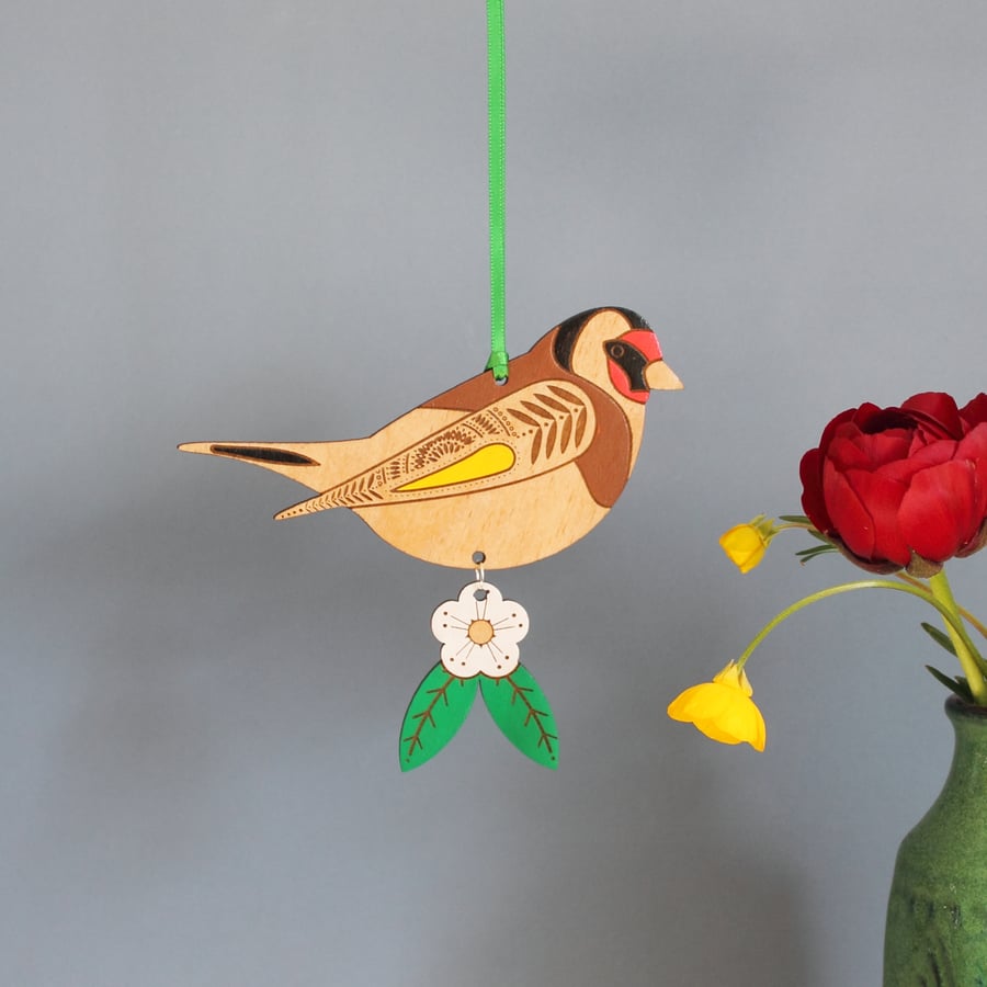 Wooden Goldfinch Bird Hanging Decoration with Hawthorn Flower