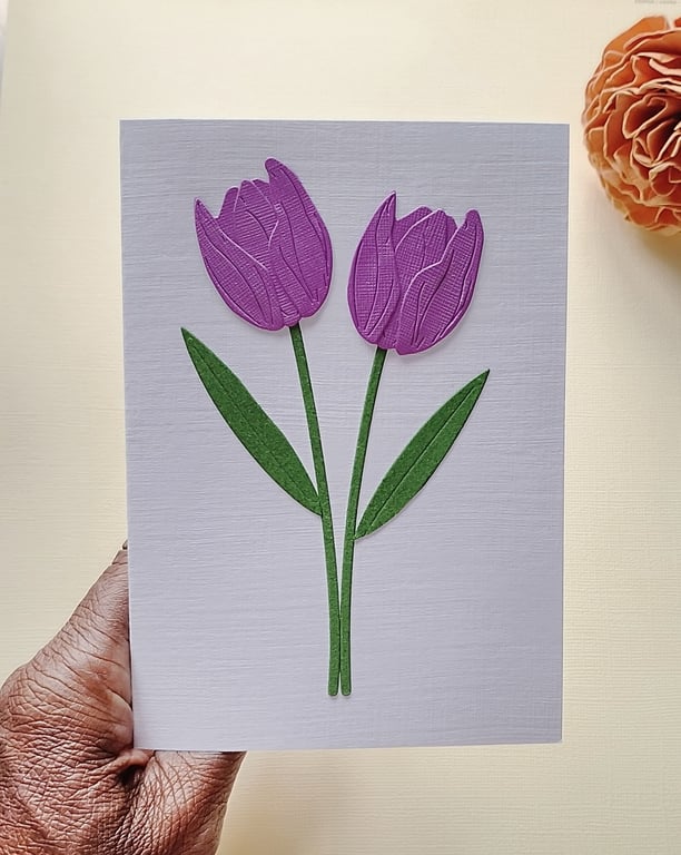Purple Paper Tulip - Flower Shop Moments, Blank Handmade Floral Card 