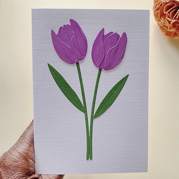 Purple Paper Tulip - Flower Shop Moments, Blank Handmade Floral Card 