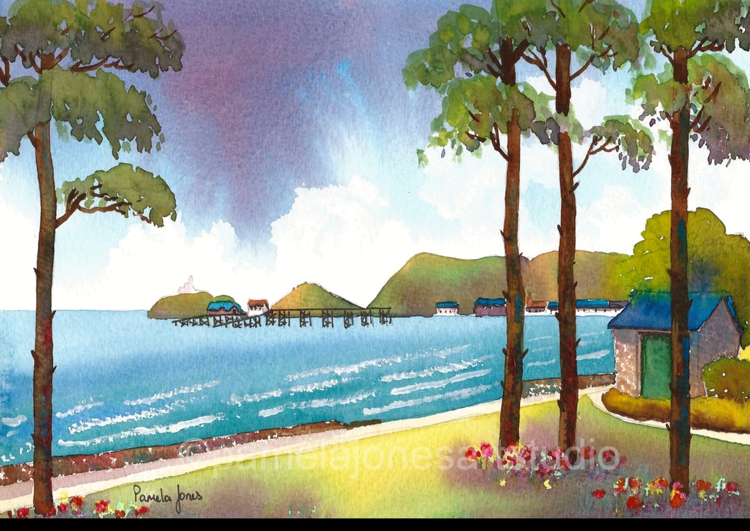 Mumbles, From, West Cross, Swansea, Watercolour Print, in 8 x 6 '' mount