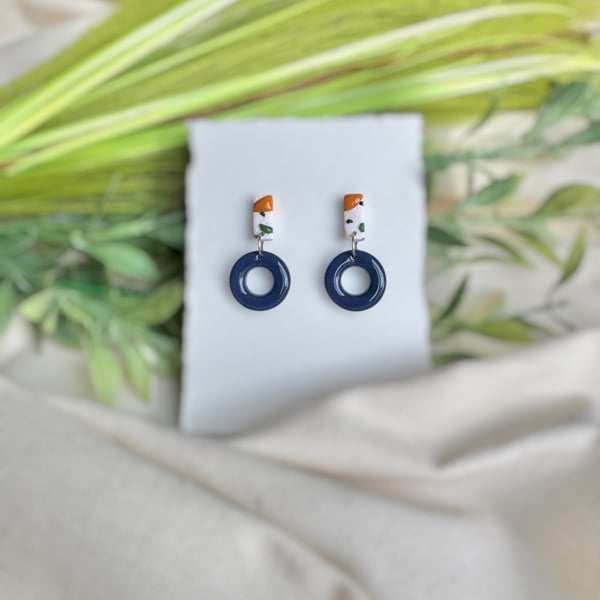 Dark Navy And Fresh Autumn Hoop Drop Polymer Clay Earrings