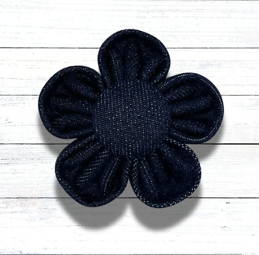 Dark Blue Denim Brooch with Fabric Button Centre, Handmade, Christmas Gift